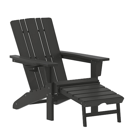Flash Furniture Black Adirondack Chair with Ottoman and Cupholder LE-HMP-1045-110-BK-GG